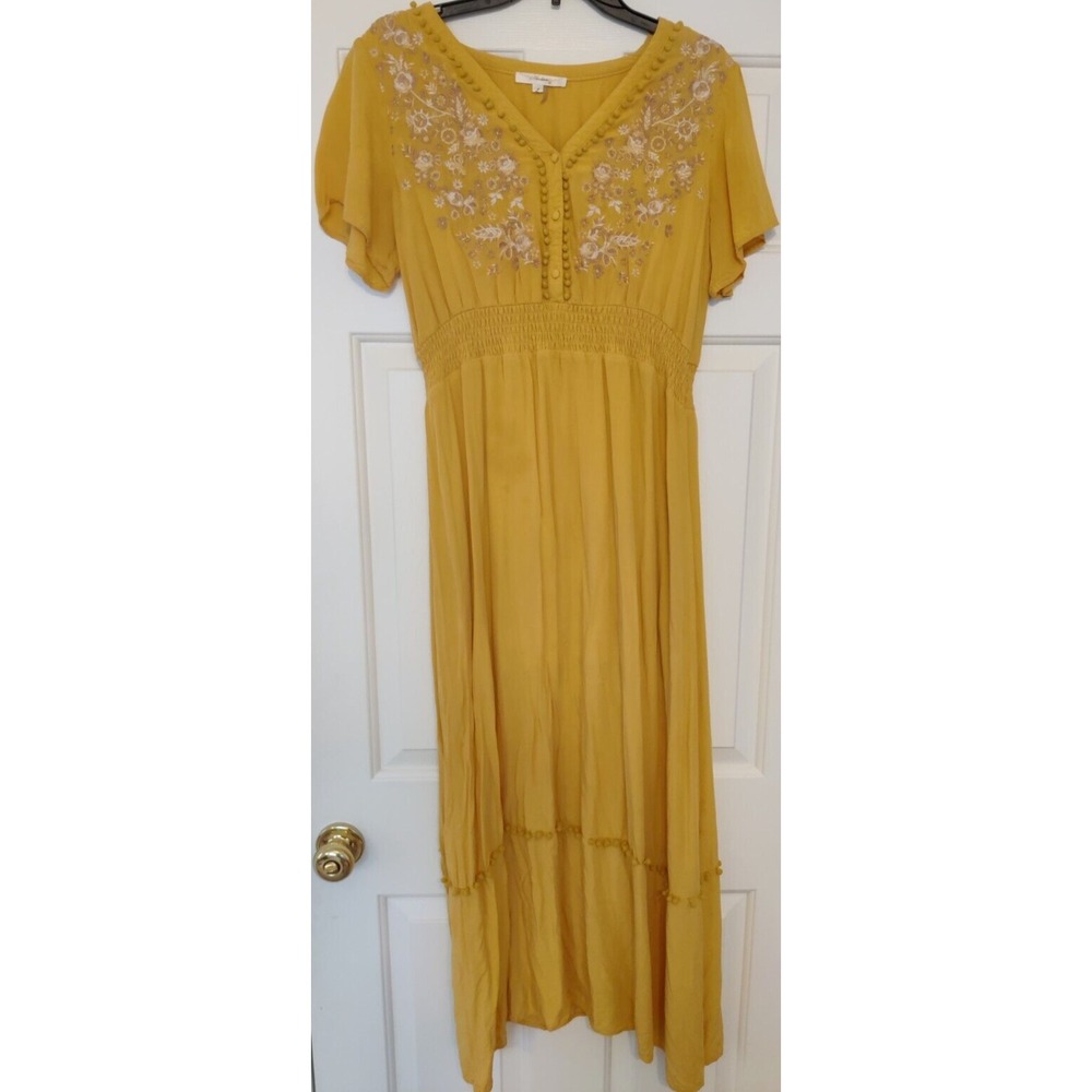Andree by Unit Mustard Yellow Floral Embroidered Boho Maxi Dress Large
